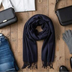 Elegant Navy cashmere & silk Valentino Scarf or shawl with Fringe